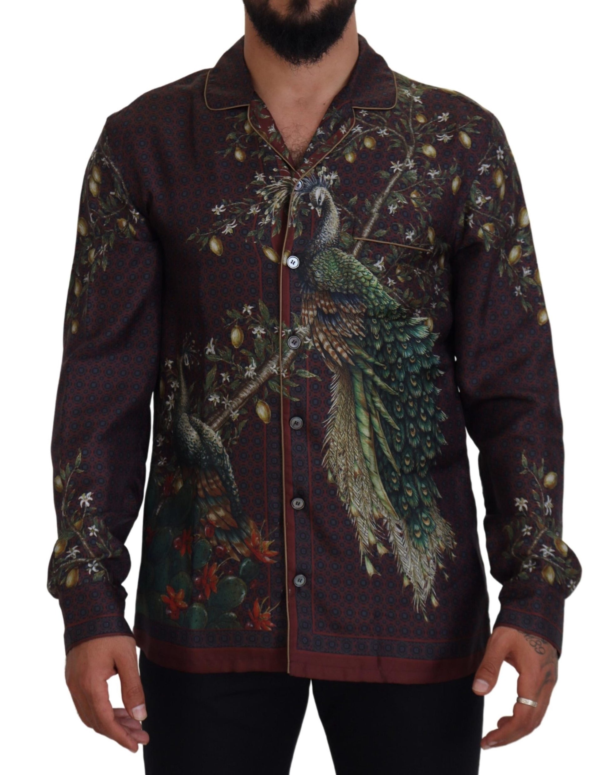 Ostrich Print Silk Satin Men's Pajama Style Shirt