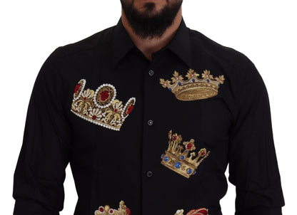 - Elegant Black Slim Fit Dress Shirt with Crown Embroidery