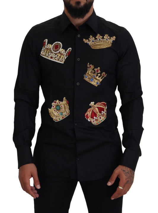  - Elegant Black Slim Fit Dress Shirt with Crown Embroidery