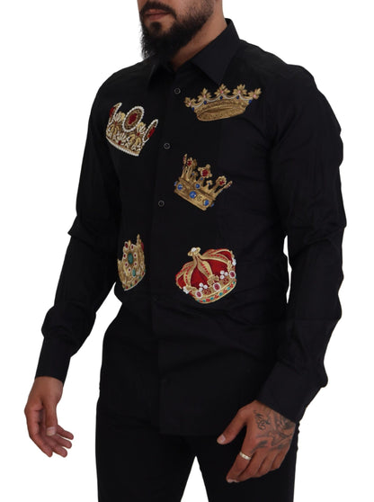  - Elegant Black Slim Fit Dress Shirt with Crown Embroidery