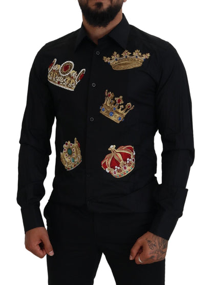  - Elegant Black Slim Fit Dress Shirt with Crown Embroidery