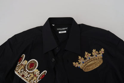  - Elegant Black Slim Fit Dress Shirt with Crown Embroidery