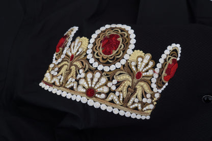  - Elegant Black Slim Fit Dress Shirt with Crown Embroidery