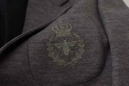  - Elegant Gray Wool Blazer with Bee Crown Embroidery