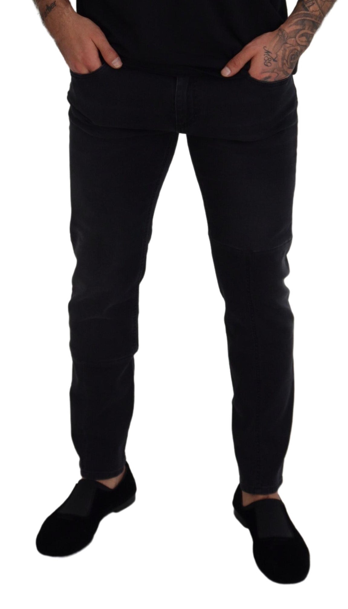  - Sleek Black Cotton Blend Denim Pants