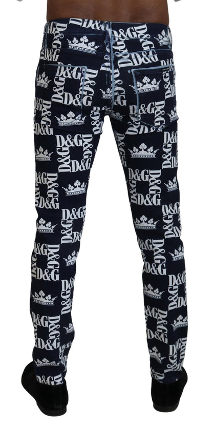  - Elegant Crown Print Denim Pants