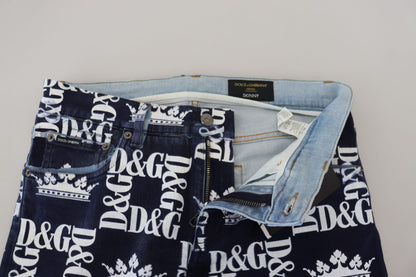  - Elegant Crown Print Denim Pants