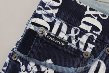  - Elegant Crown Print Denim Pants