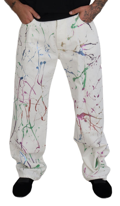  - Chic White Splash Print Denim Pants