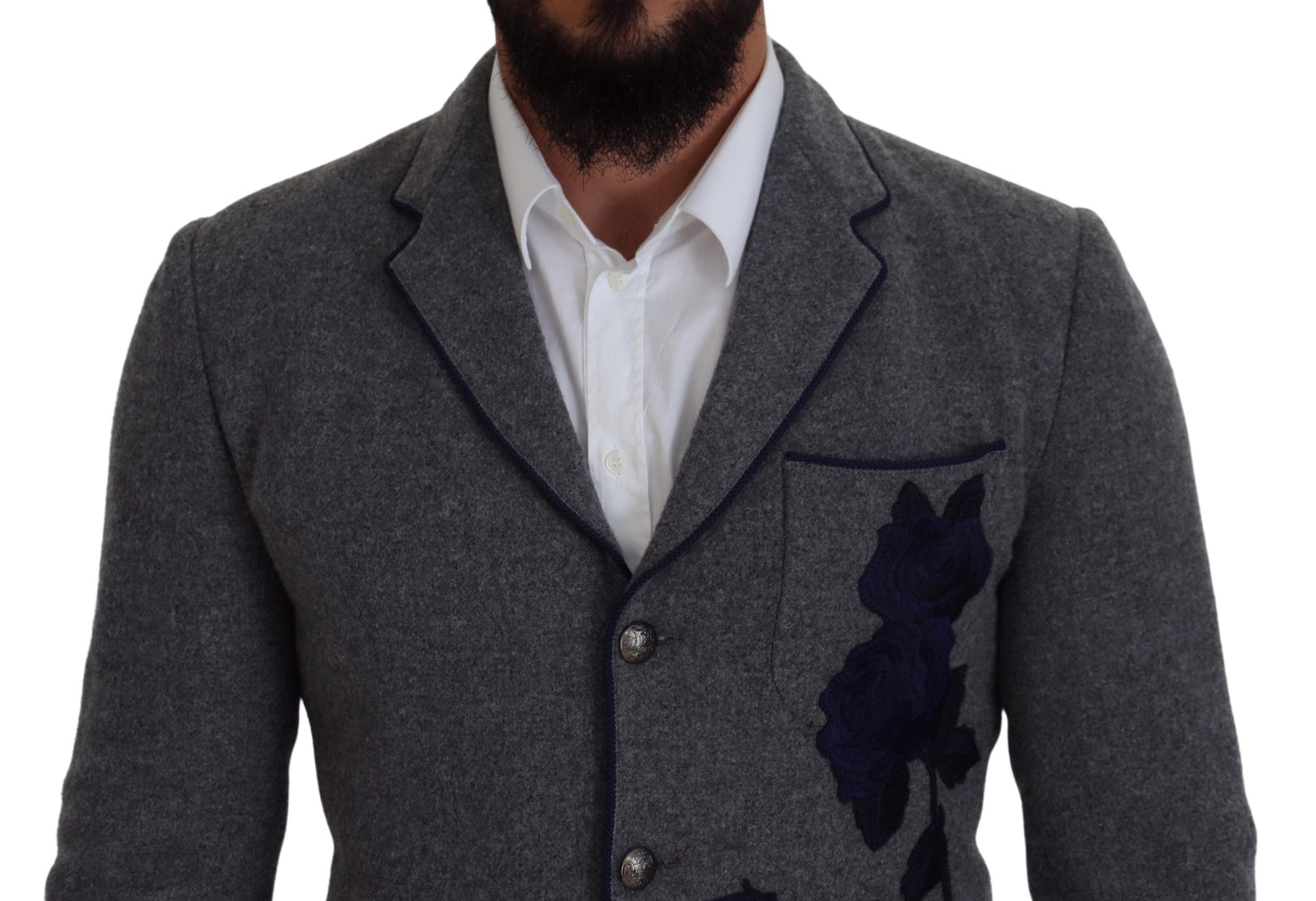 Elegant Gray Wool Blazer with Blue Rose Embroidery