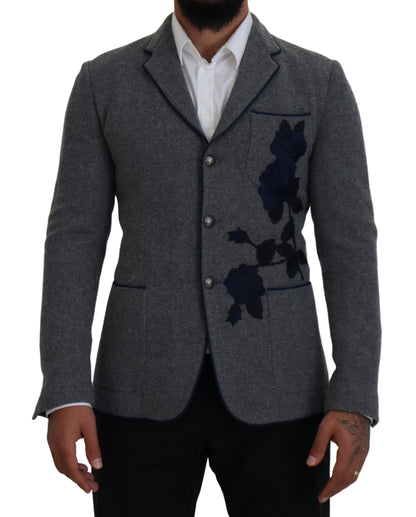  - Elegant Gray Wool Blazer with Blue Rose Embroidery