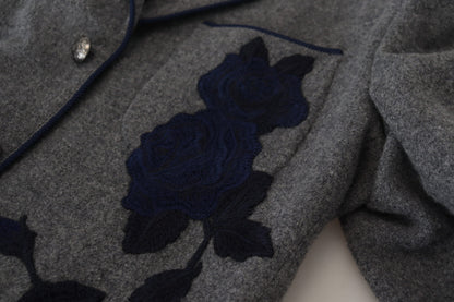  - Elegant Gray Wool Blazer with Blue Rose Embroidery