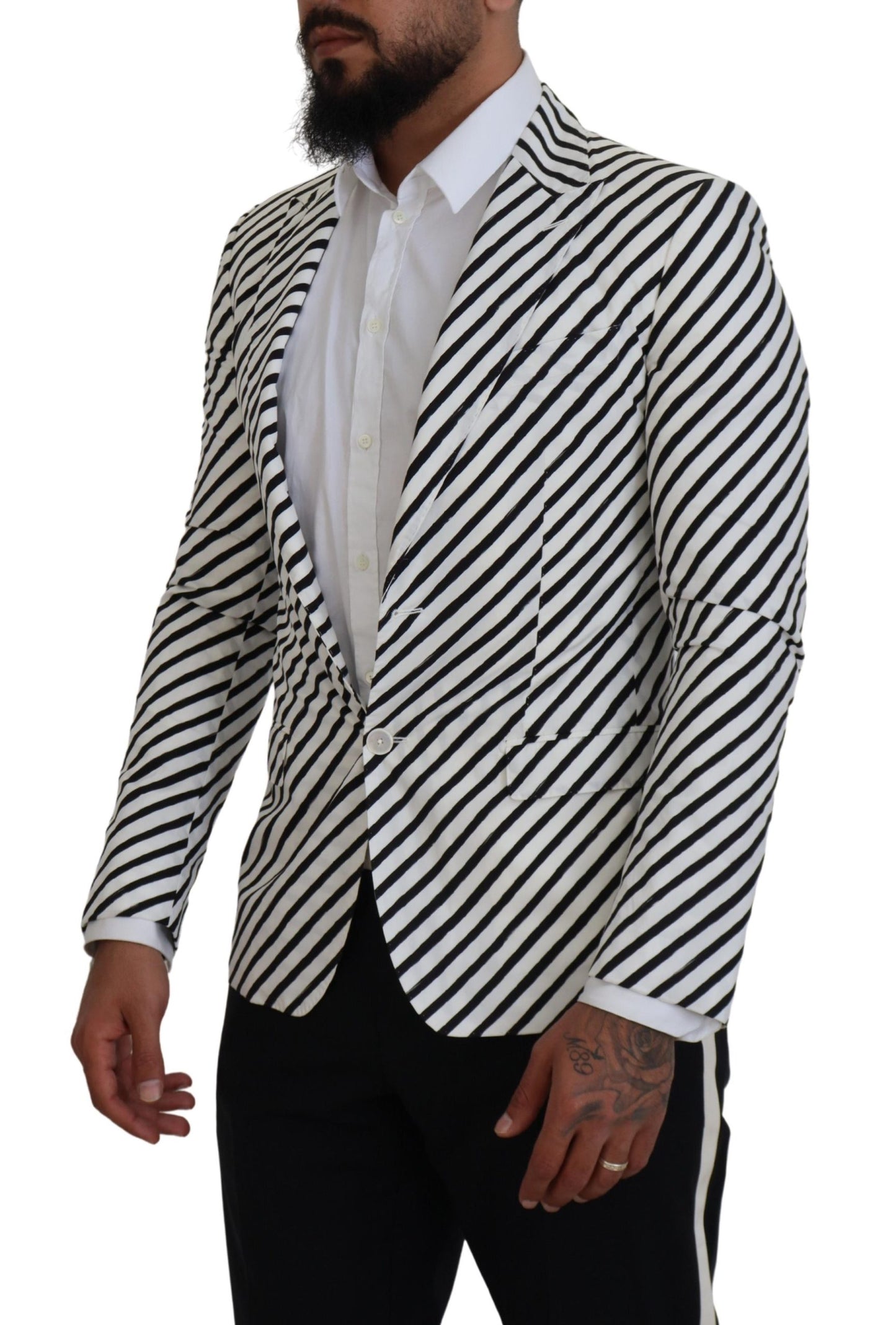  - Elegant White Striped Single Breasted Blazer