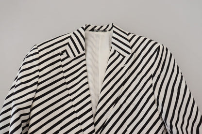  - Elegant White Striped Single Breasted Blazer