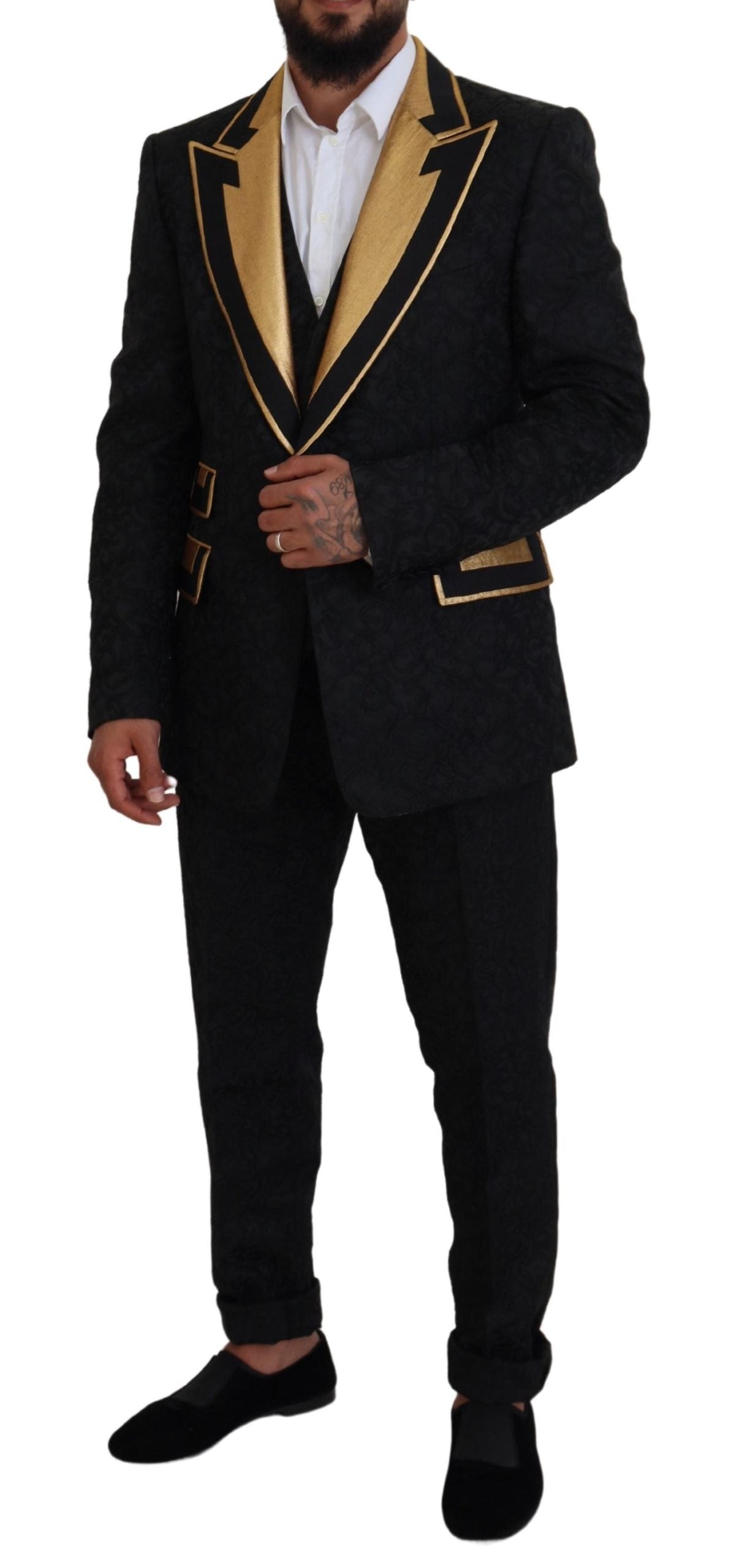  - Elegant Black & Gold Slim Fit 3 Piece Suit