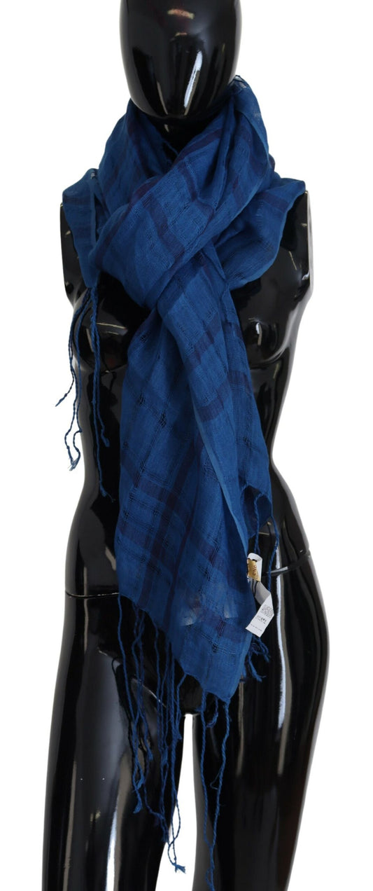  - Chic Linen Fringed Scarf in Blue Checkered