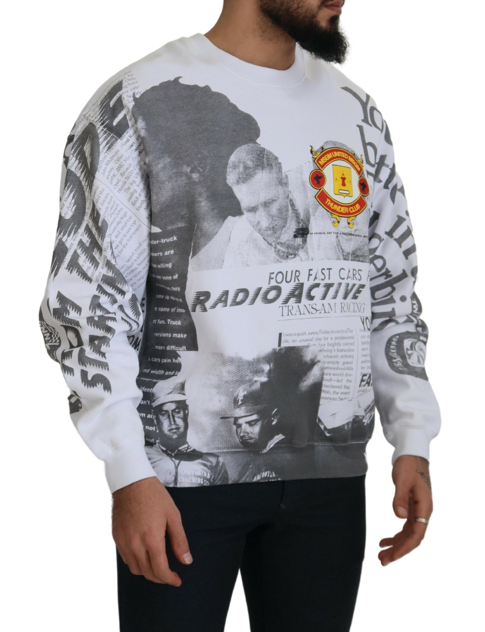 MSGM Men's Racing Print White Crewneck Cotton Sweater