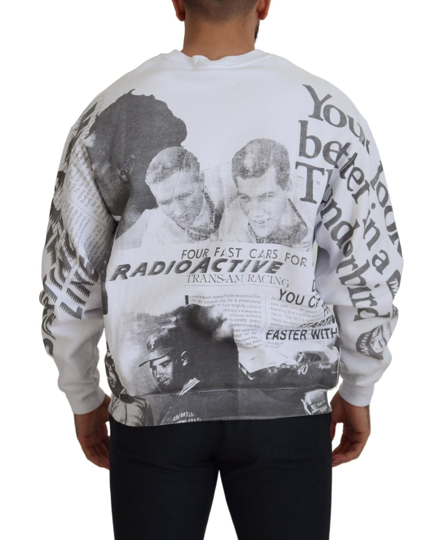 MSGM Men's Racing Print White Crewneck Cotton Sweater