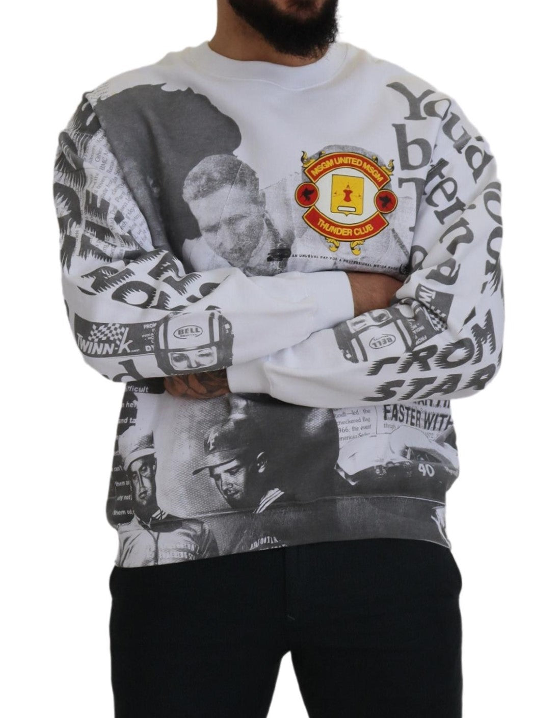 MSGM Men's Racing Print White Crewneck Cotton Sweater