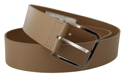  - Beige Leather Statement Belt with Silver Buckle