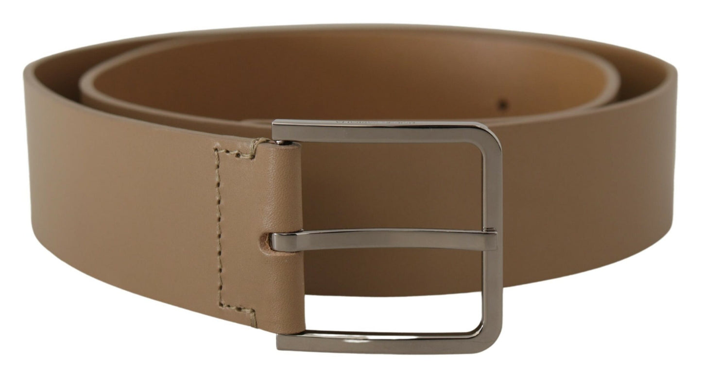  - Beige Leather Statement Belt with Silver Buckle