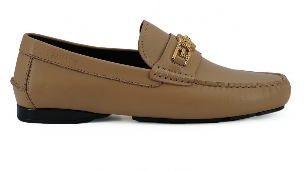  - Exquisite Medusa Gold-Tone Leather Loafers