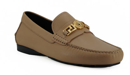  - Exquisite Medusa Gold-Tone Leather Loafers