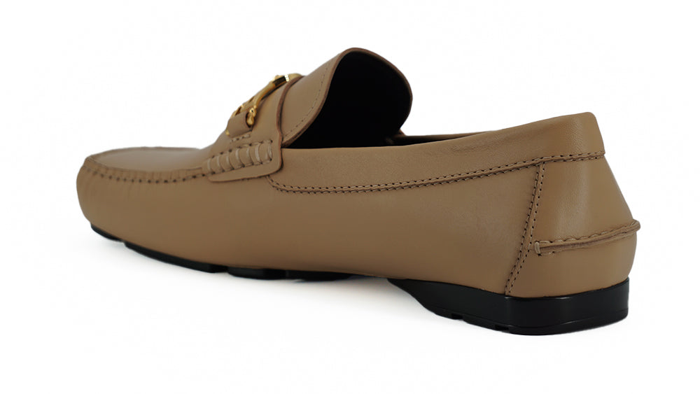  - Exquisite Medusa Gold-Tone Leather Loafers