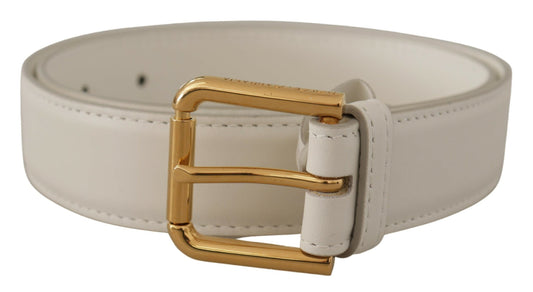  - Chic White Leather Belt with Gold Engraved Buckle