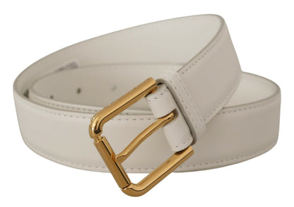  - Chic White Leather Belt with Gold Engraved Buckle