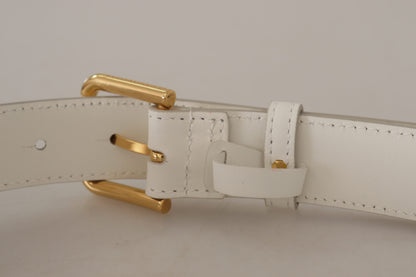  - Chic White Leather Belt with Gold Engraved Buckle