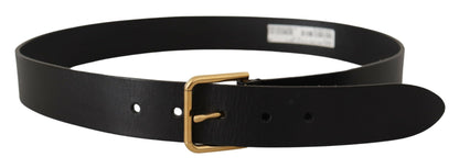  - Elegant Black Leather Belt with Gold-Tone Buckle