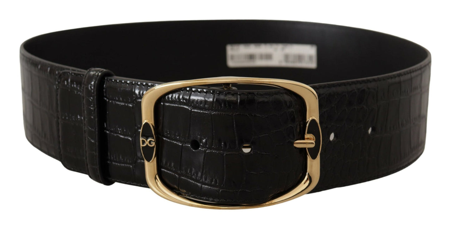  - Black Crocodile Print Leather Logo Belt