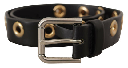  - Chic Black Leather Belt with Engraved Buckle