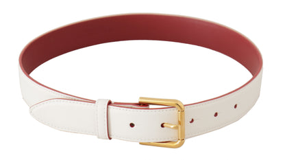  - Elegant White Leather Belt with Engraved Buckle