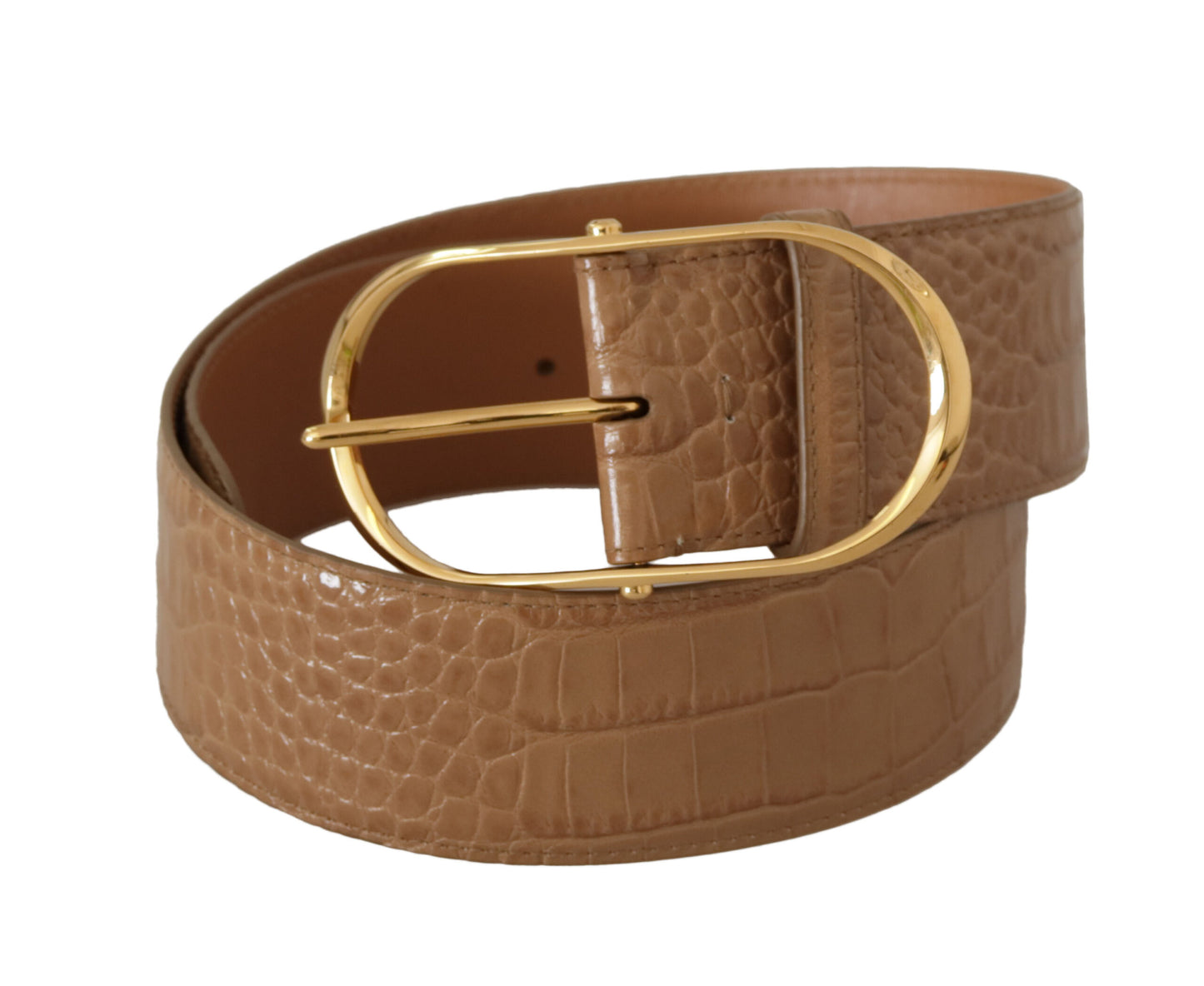  - Elegant Beige Leather Belt with Engraved Buckle