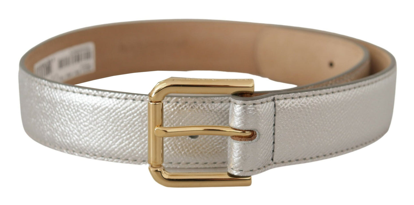  - Elegant Silver Leather Belt with Engraved Buckle