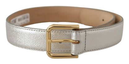  - Elegant Silver Leather Belt with Engraved Buckle