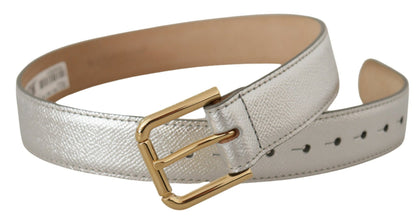  - Elegant Silver Leather Belt with Engraved Buckle