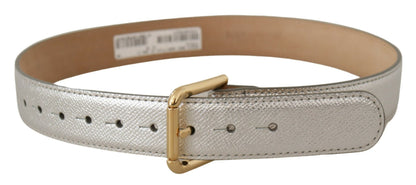  - Elegant Silver Leather Belt with Engraved Buckle