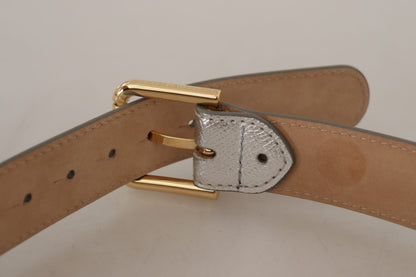  - Elegant Silver Leather Belt with Engraved Buckle