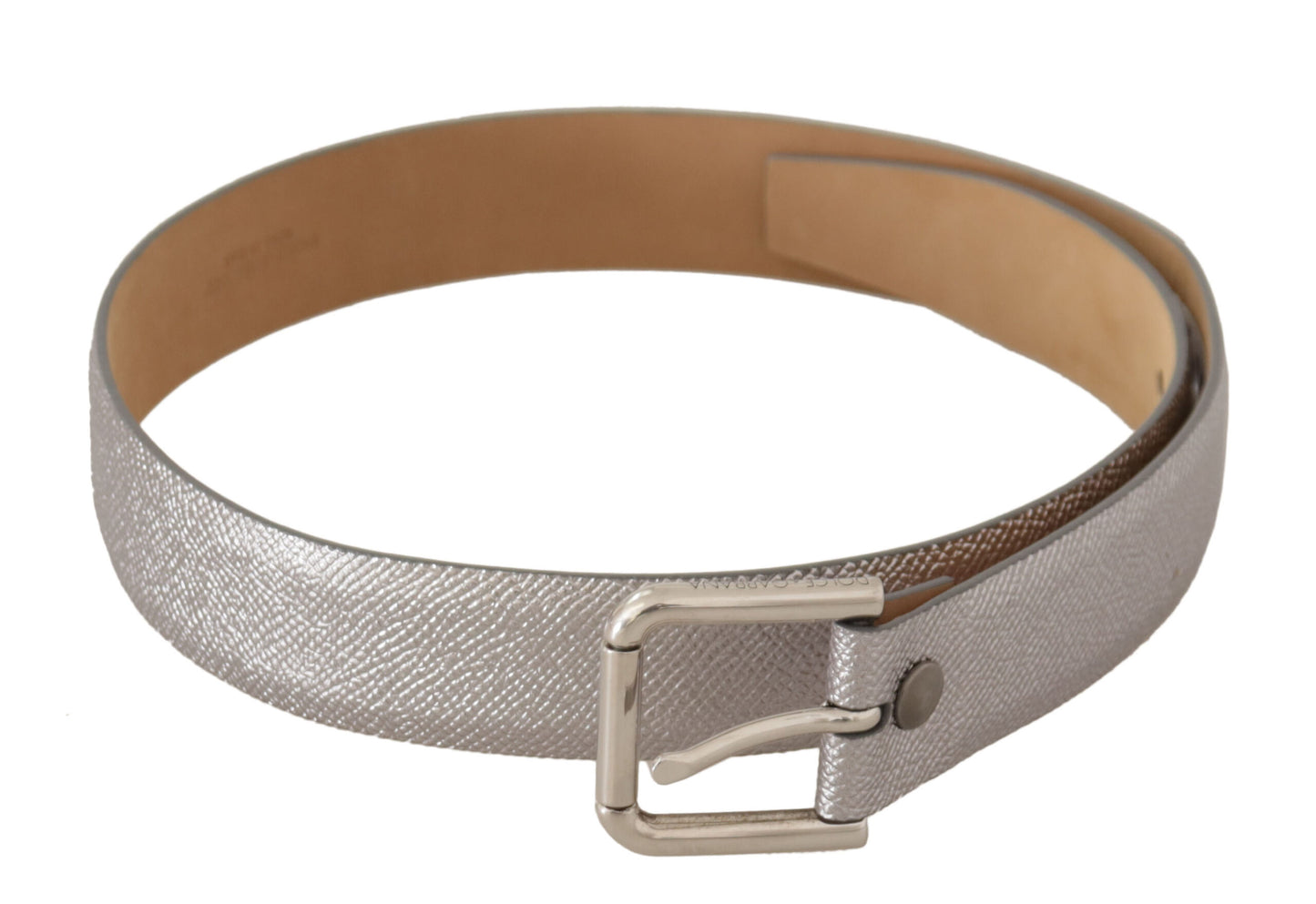  - Elegant Silver Leather Belt with Engraved Buckle