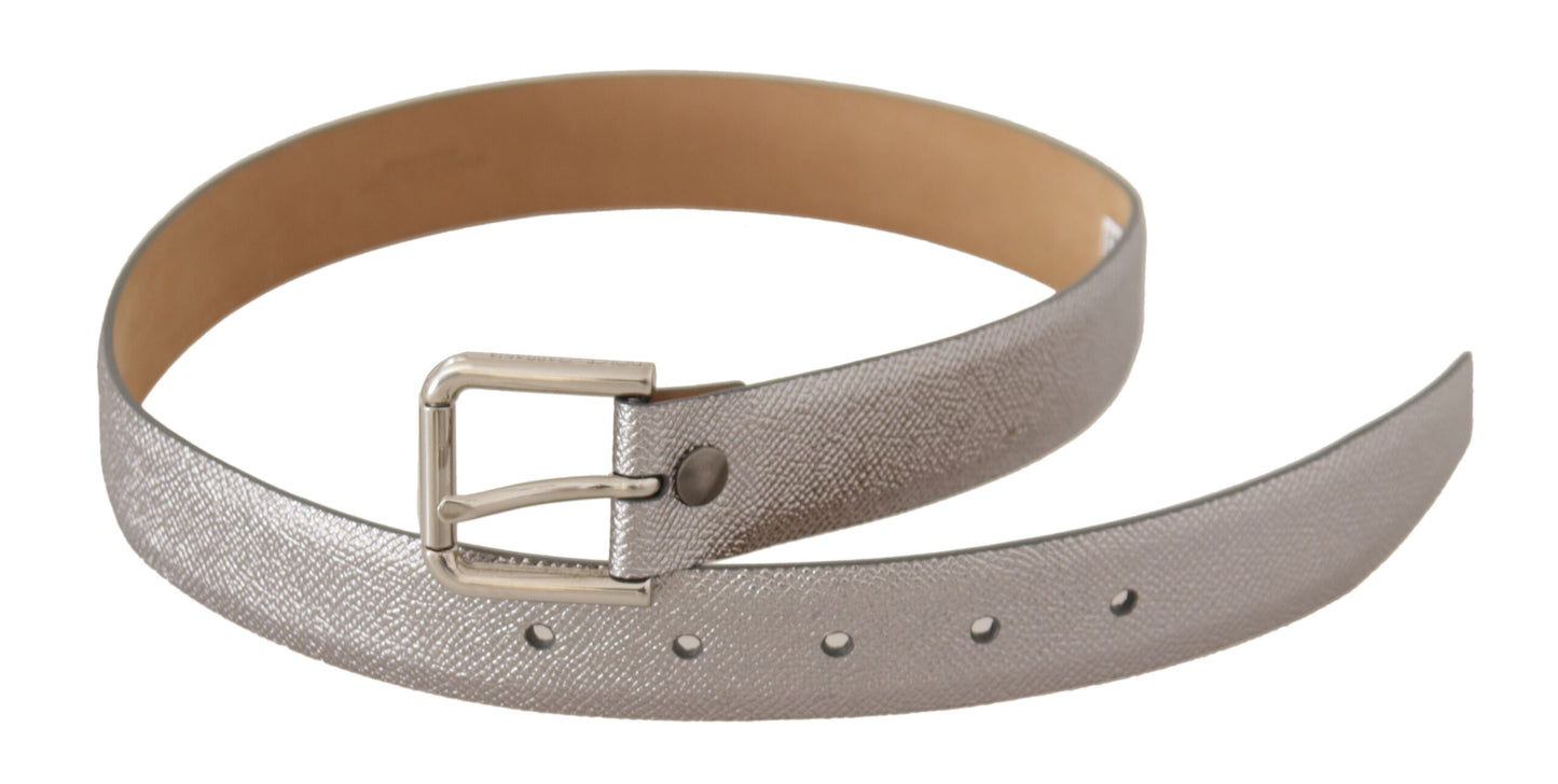  - Elegant Silver Leather Belt with Engraved Buckle