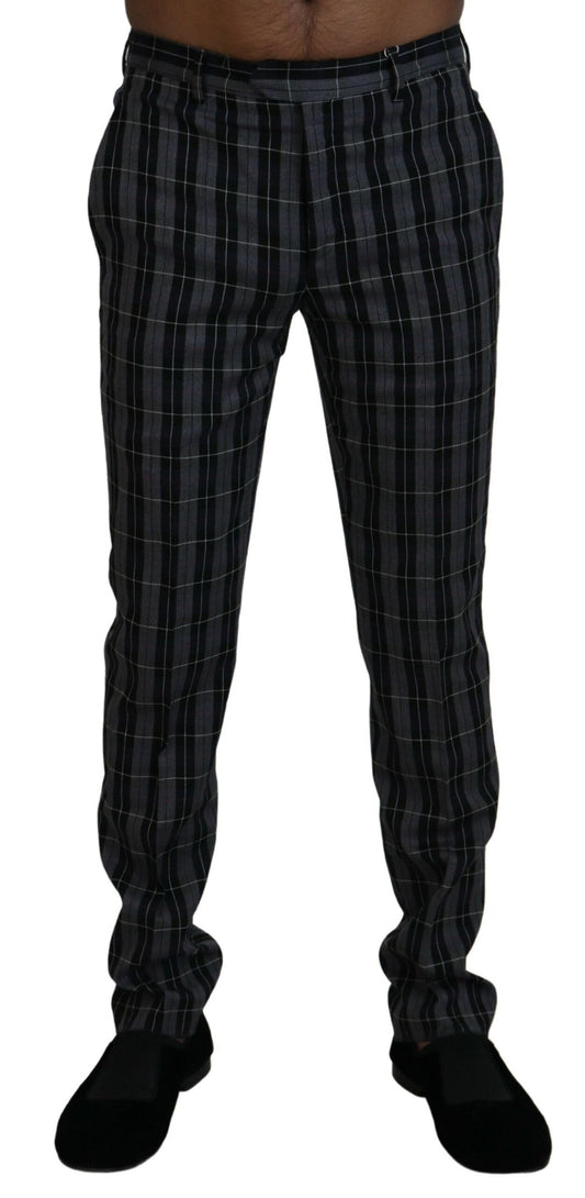  - Elegant Gray Checkered Wool Chino Pants