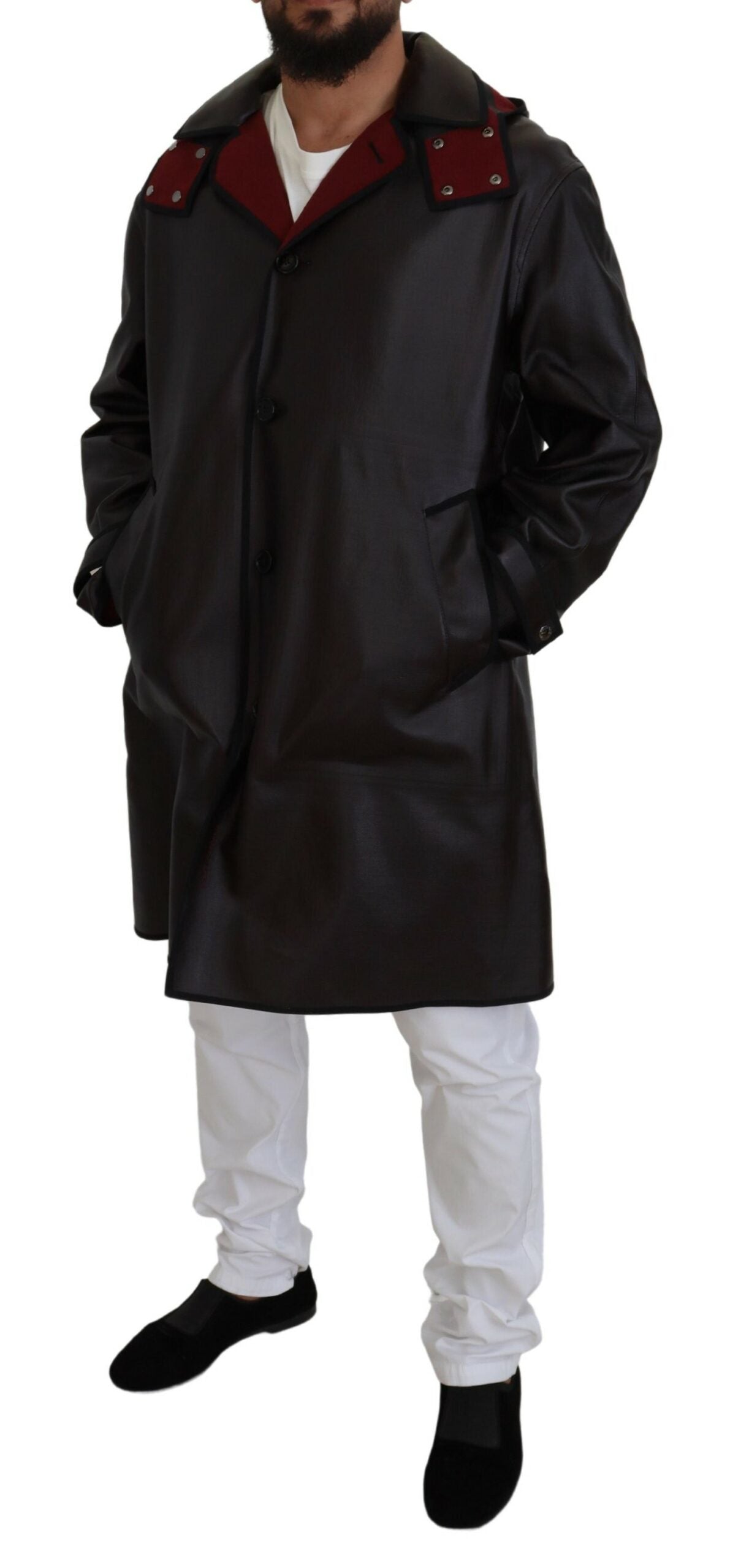  - Elegant Hooded Parka Coat in Black and Bordeaux