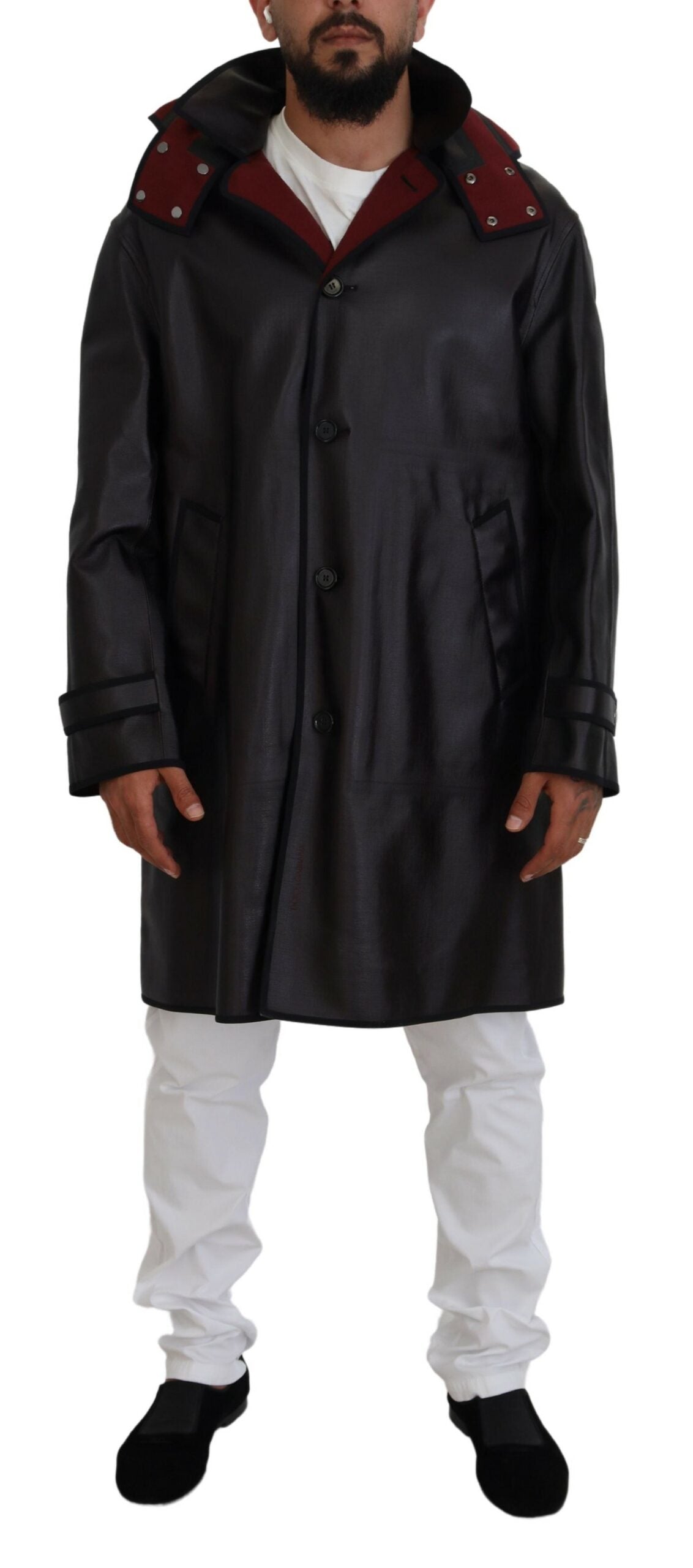  - Elegant Hooded Parka Coat in Black and Bordeaux