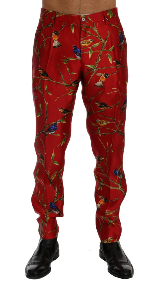  - Elegant Silk Dress Trousers in Red Bird Print