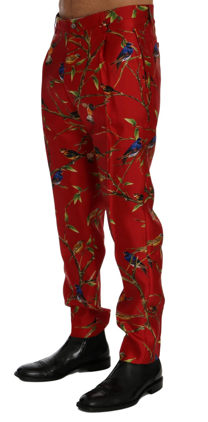  - Elegant Silk Dress Trousers in Red Bird Print