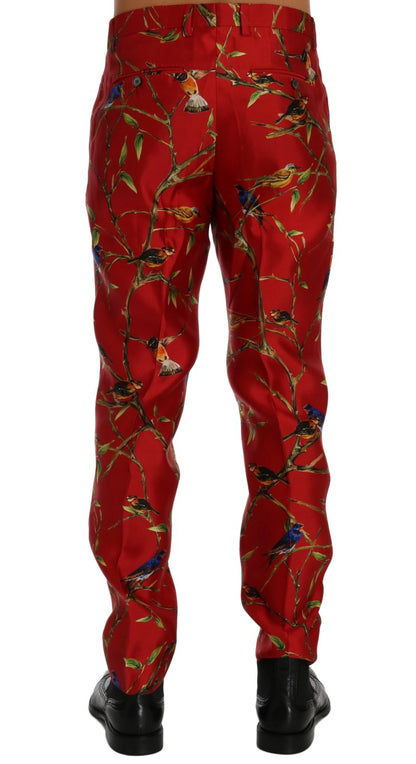 Elegant Silk Dress Trousers in Red Bird Print - The Luxe Alliance