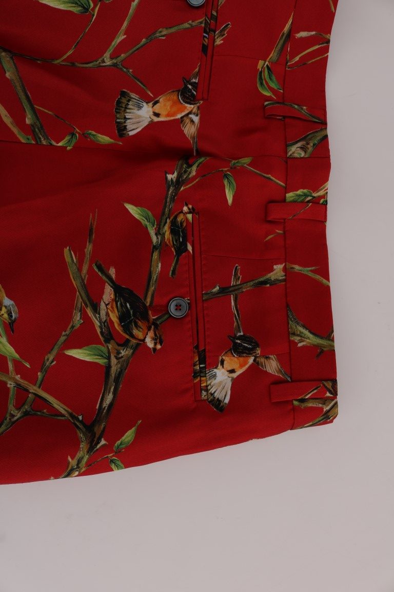  - Elegant Silk Dress Trousers in Red Bird Print